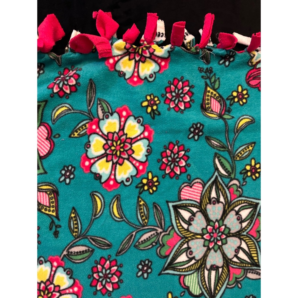 Handmade Fleece Tie Blanket Teal Floral Pink Reversible Throw Fringe Edge